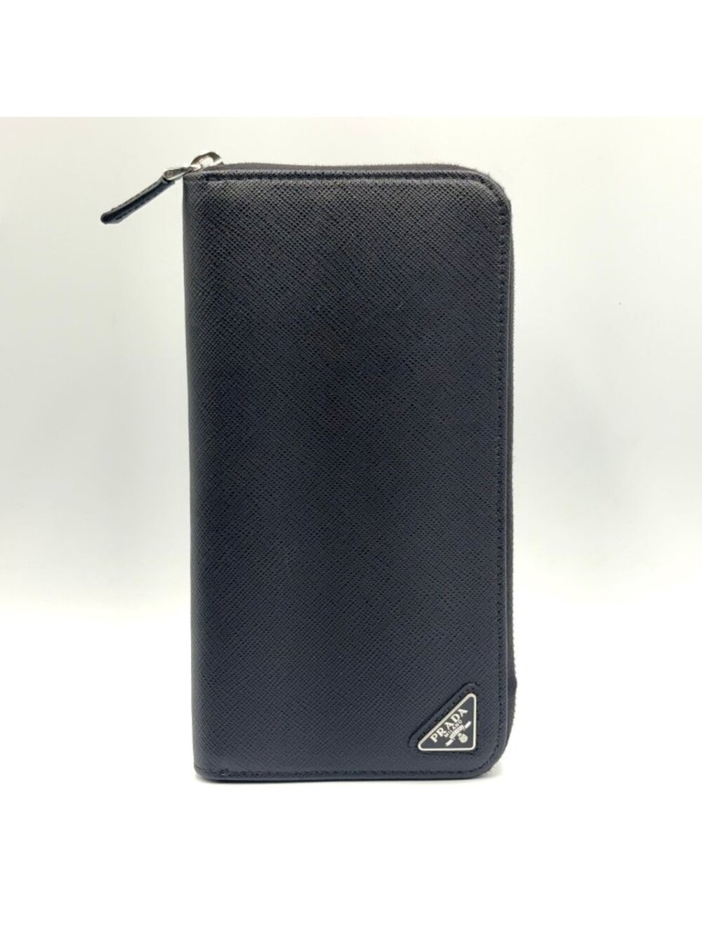 Prada Zip Around Saffiano Leather Black Wallet Silver